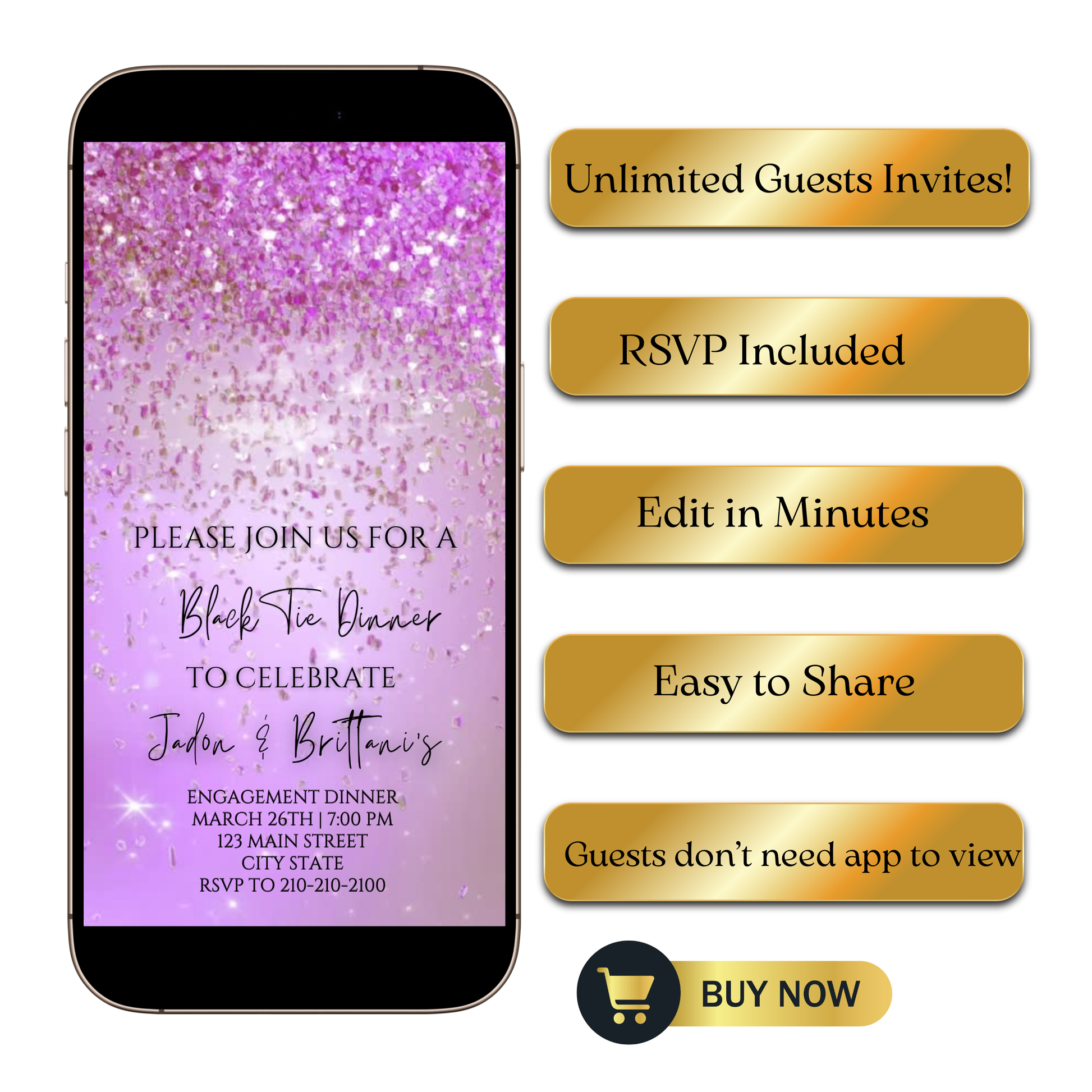 Editable purple watercolor glitter black tie engagement dinner video invitation displayed on a mobile phone, featuring an animated vertical digital invite with music, created in Canva. This premium video invitation template is designed for sharing by text, email, and social media and works with an interactive RSVP website for easy guest response tracking.
