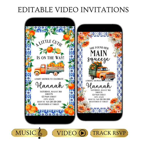 Editable little cutie lemon baby shower baby shower video invitation displayed on a mobile phone, featuring an animated vertical digital invite with music, created in Canva. This premium video invitation template is designed for sharing by text, email, and social media and works with an interactive RSVP website for easy guest response tracking.