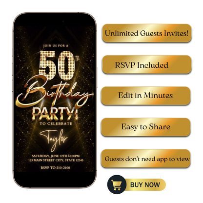 Editable gold glitter 50th birthday party video invitation displayed on a mobile phone, featuring an animated vertical digital invite with music, created in Canva. This premium video invitation template is designed for sharing by text, email, and social media and works with an interactive RSVP website for easy guest response tracking.