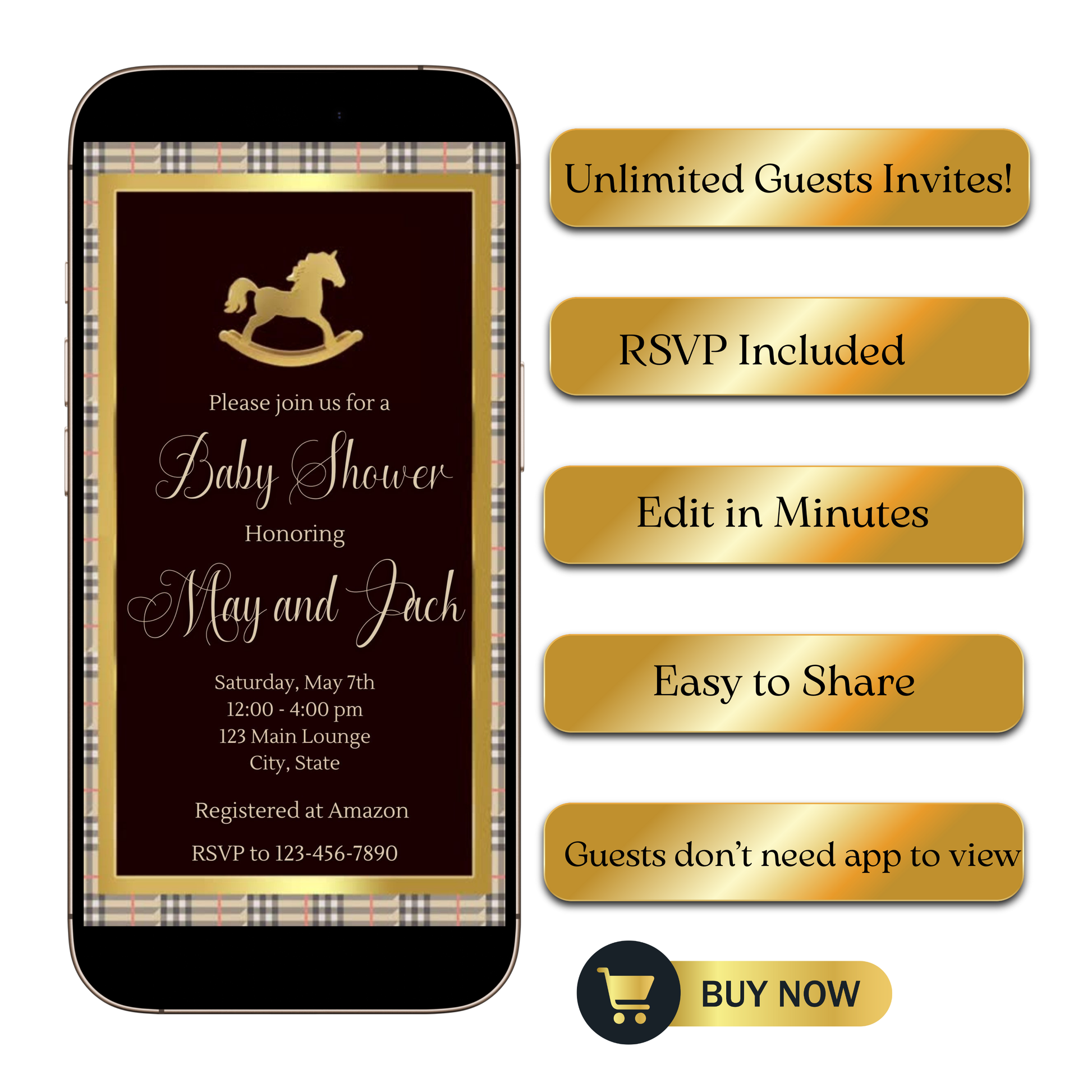 Editable maroon ralph lauren polo baby shower video invitation displayed on a mobile phone, featuring an animated vertical digital invite with music, created in Canva. This premium video invitation template is designed for sharing by text, email, and social media and works with an interactive RSVP website for easy guest response tracking.