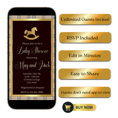 Editable maroon ralph lauren polo baby shower video invitation displayed on a mobile phone, featuring an animated vertical digital invite with music, created in Canva. This premium video invitation template is designed for sharing by text, email, and social media and works with an interactive RSVP website for easy guest response tracking.