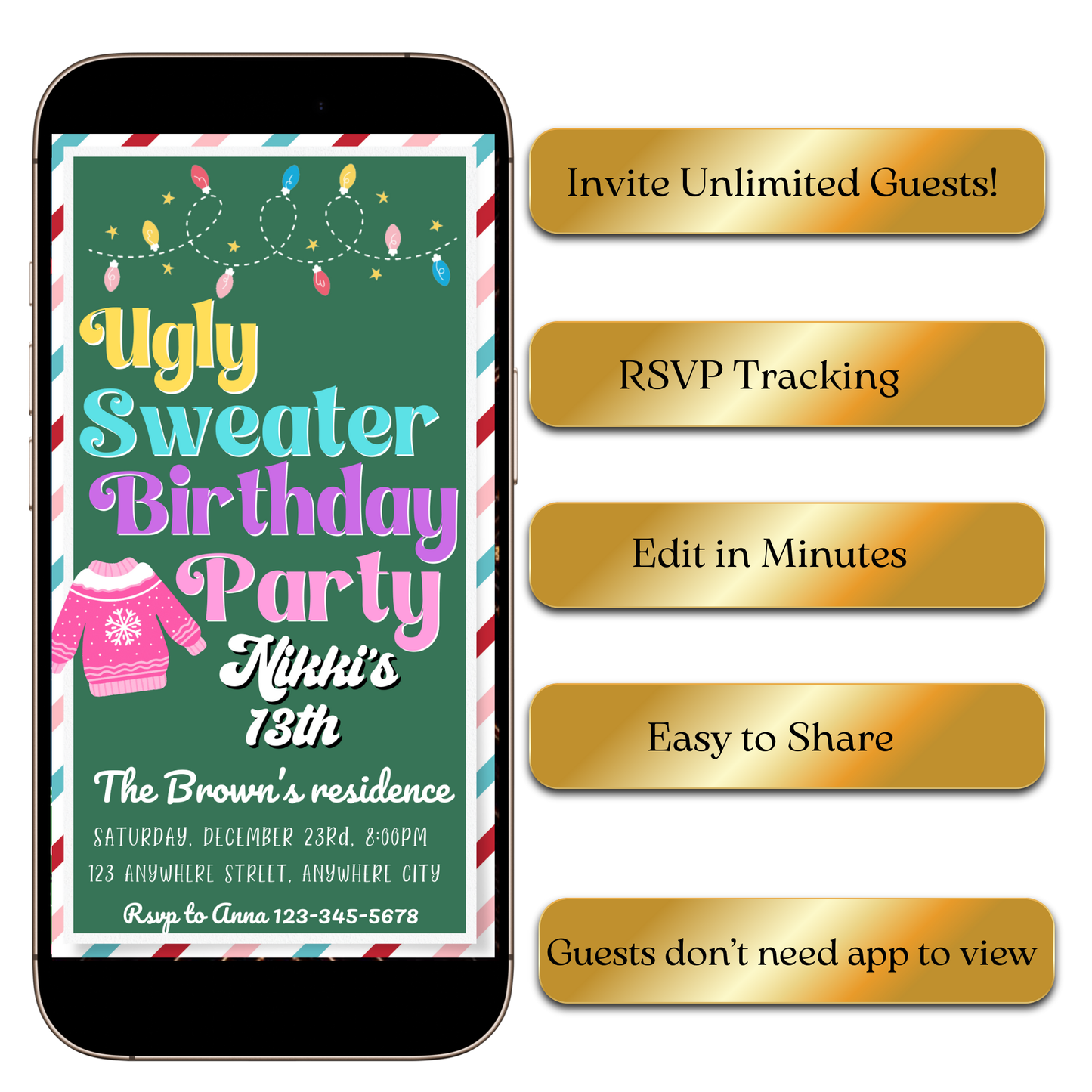 Teen Ugly Sweater holiday invite shared via WhatsApp