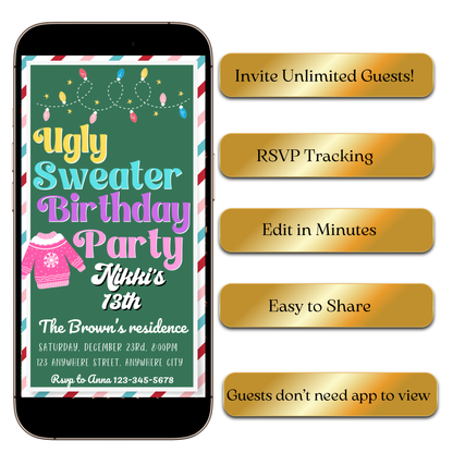 Teen Ugly Sweater holiday invite shared via WhatsApp