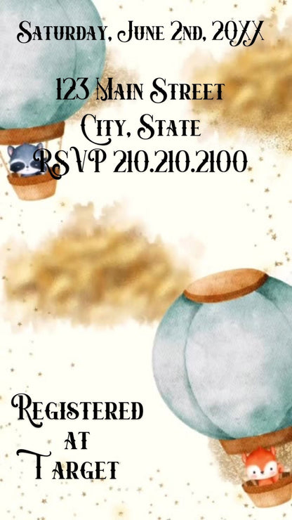 Editable woodland hot air balloon baby shower baby shower video invitation displayed on a mobile phone, featuring an animated vertical digital invite with music, created in Canva. This premium video invitation template is designed for sharing by text, email, and social media and works with an interactive RSVP website for easy guest response tracking.