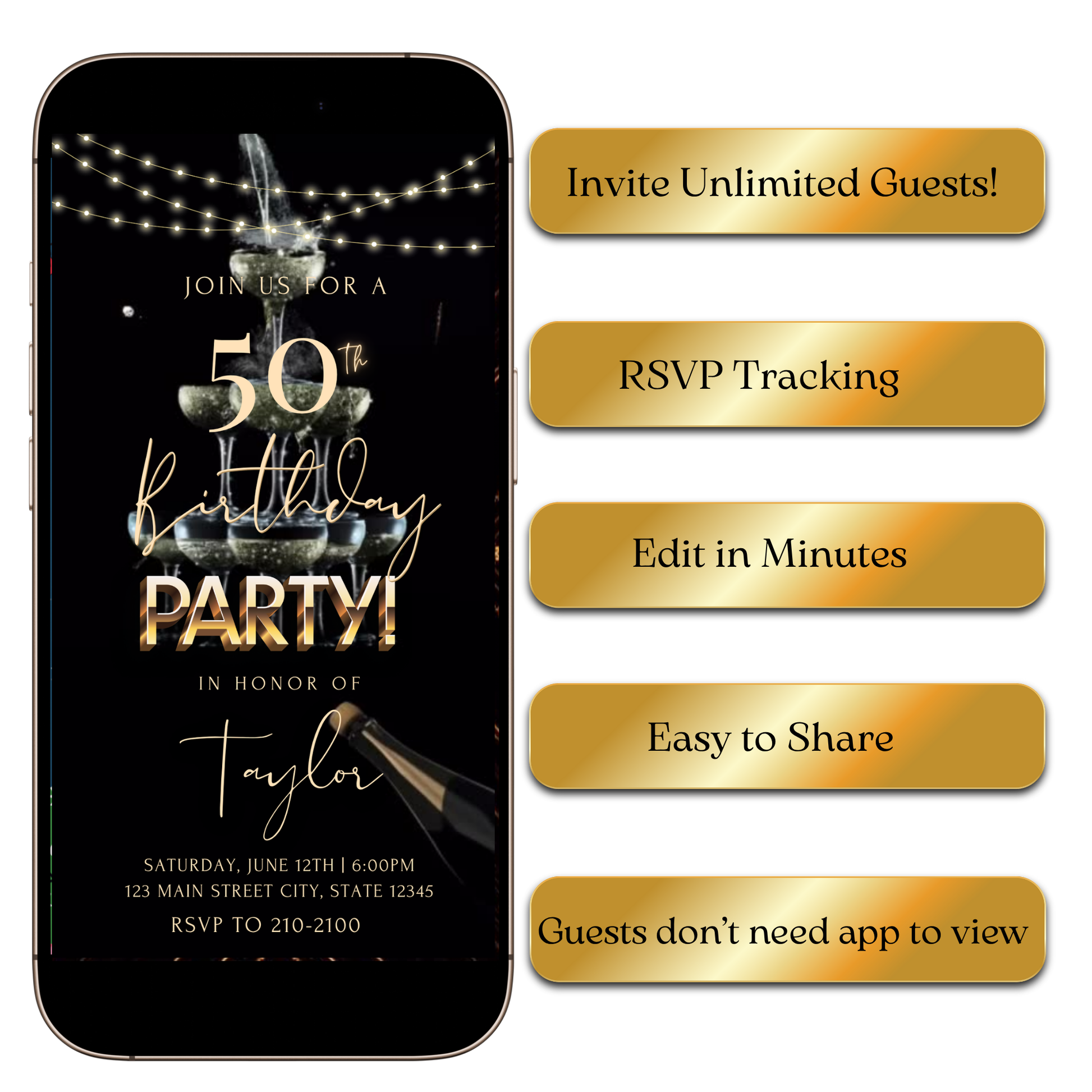 Digital Black and gold with champagne tower Digital Video Invitation MP4 Invite