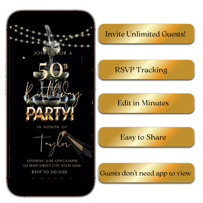 Digital Black and gold with champagne tower Digital Video Invitation MP4 Invite