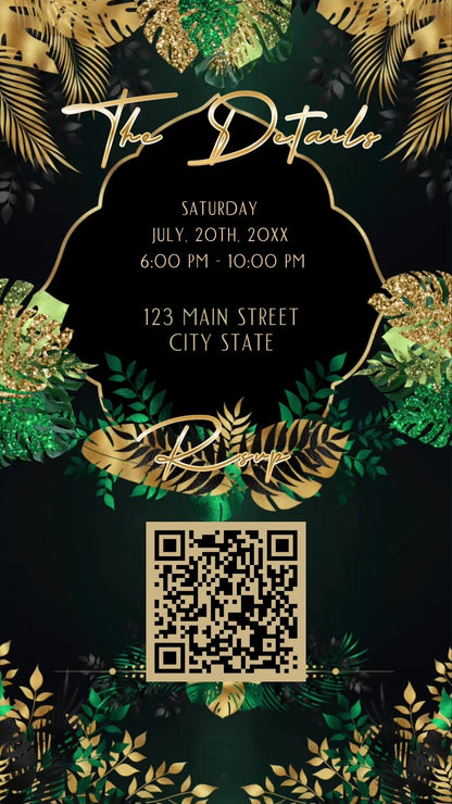 Editable safari green gold 60th birthday birthday video invitation displayed on a mobile phone, featuring an animated vertical digital invite with music, created in Canva. This premium video invitation template is designed for sharing by text, email, and social media and works with an interactive RSVP website for easy guest response tracking.