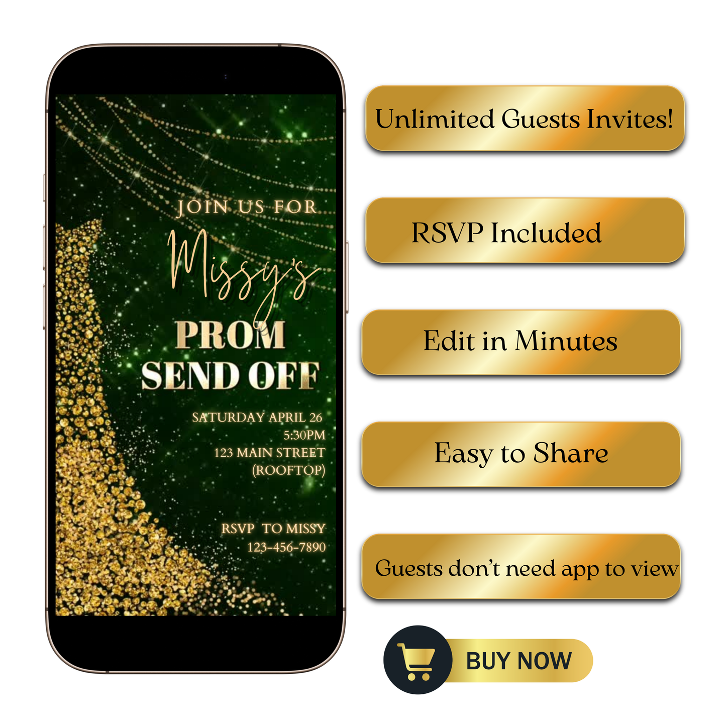 Editable green gold sparkle prom send off video invitation displayed on a mobile phone, featuring an animated vertical digital invite with music, created in Canva. This premium video invitation template is designed for sharing by text, email, and social media and works with an interactive RSVP website for easy guest response tracking.