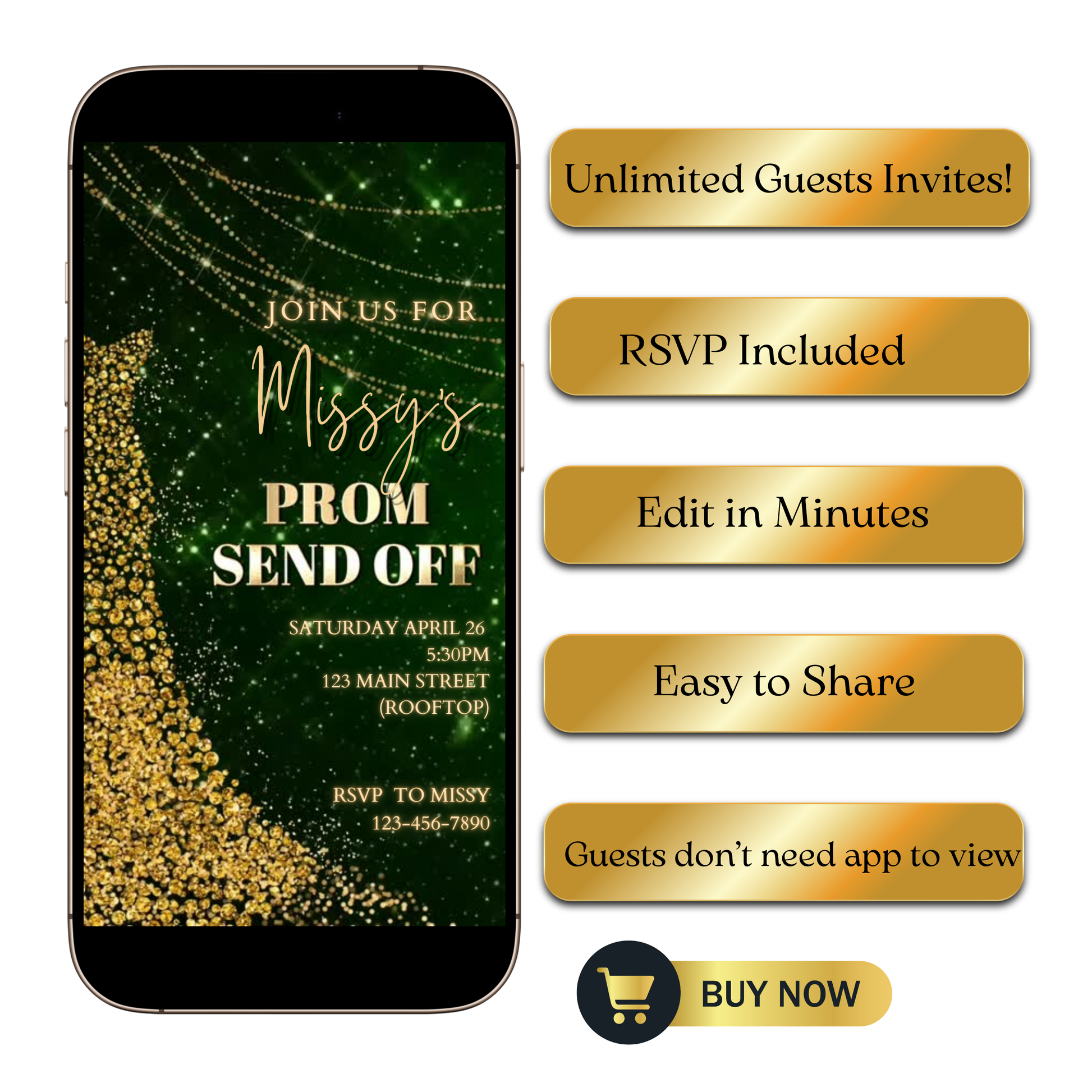 Editable green gold sparkle prom send off video invitation displayed on a mobile phone, featuring an animated vertical digital invite with music, created in Canva. This premium video invitation template is designed for sharing by text, email, and social media and works with an interactive RSVP website for easy guest response tracking.