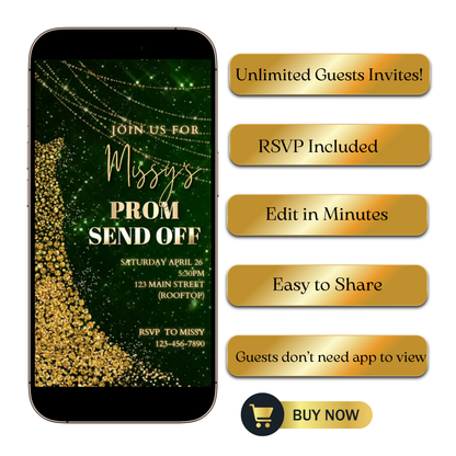 Editable green gold sparkle prom send off video invitation displayed on a mobile phone, featuring an animated vertical digital invite with music, created in Canva. This premium video invitation template is designed for sharing by text, email, and social media and works with an interactive RSVP website for easy guest response tracking.