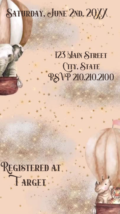 Editable noah’s ark baby shower baby shower video invitation displayed on a mobile phone, featuring an animated vertical digital invite with music, created in Canva. This premium video invitation template is designed for sharing by text, email, and social media and works with an interactive RSVP website for easy guest response tracking.