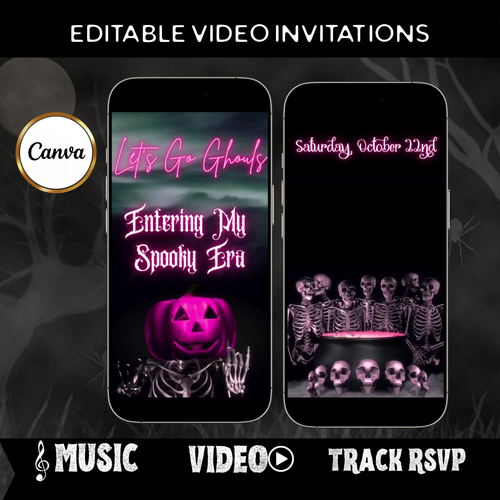 Editable pink spooky halloween party party video invitation displayed on a mobile phone, featuring an animated vertical digital invite with music, created in Canva. This premium video invitation template is designed for sharing by text, email, and social media and works with an interactive RSVP website for easy guest response tracking.