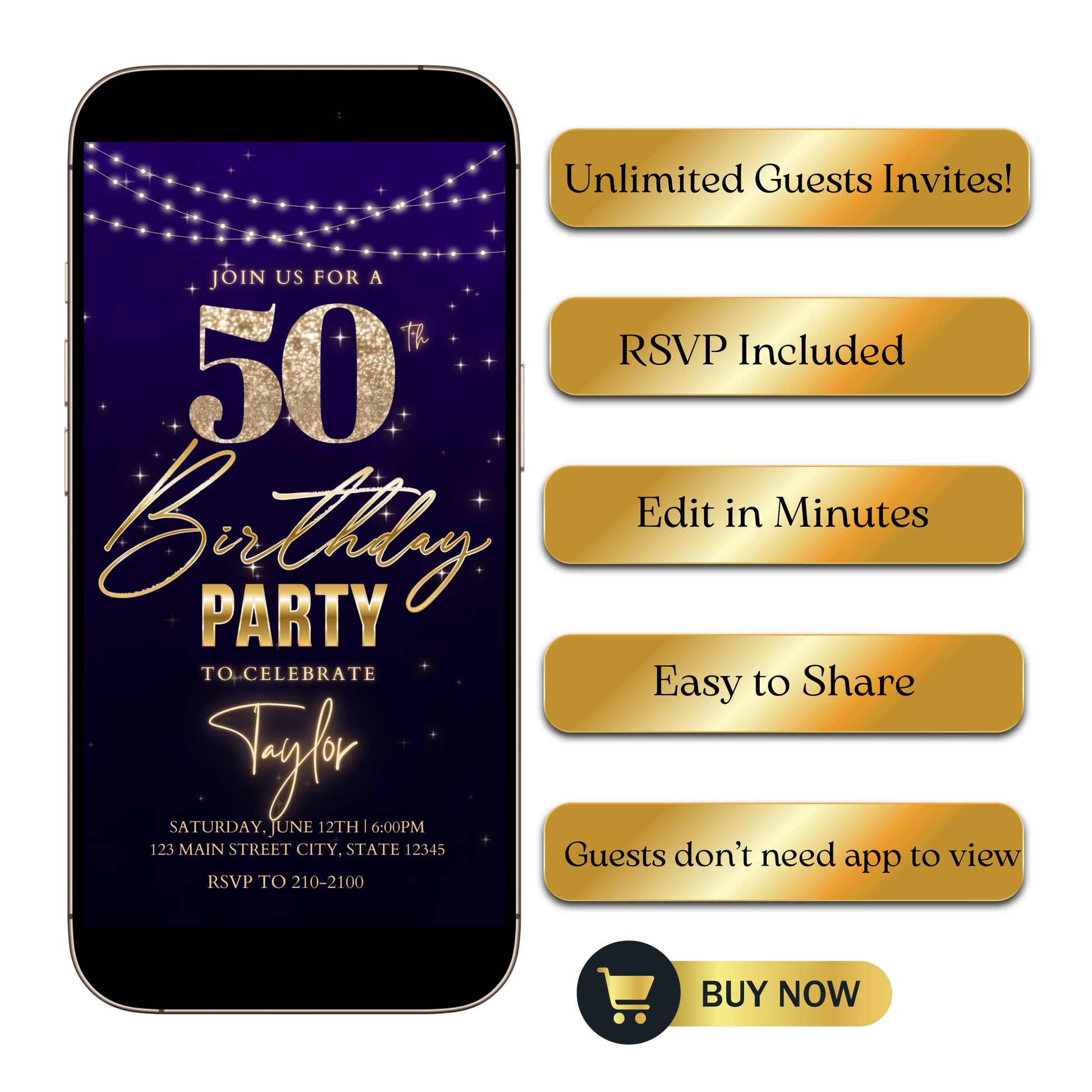 Editable purple gold glam 50th birthday video invitation displayed on a mobile phone, featuring an animated vertical digital invite with music, created in Canva. This premium video invitation template is designed for sharing by text, email, and social media and works with an interactive RSVP website for easy guest response tracking.