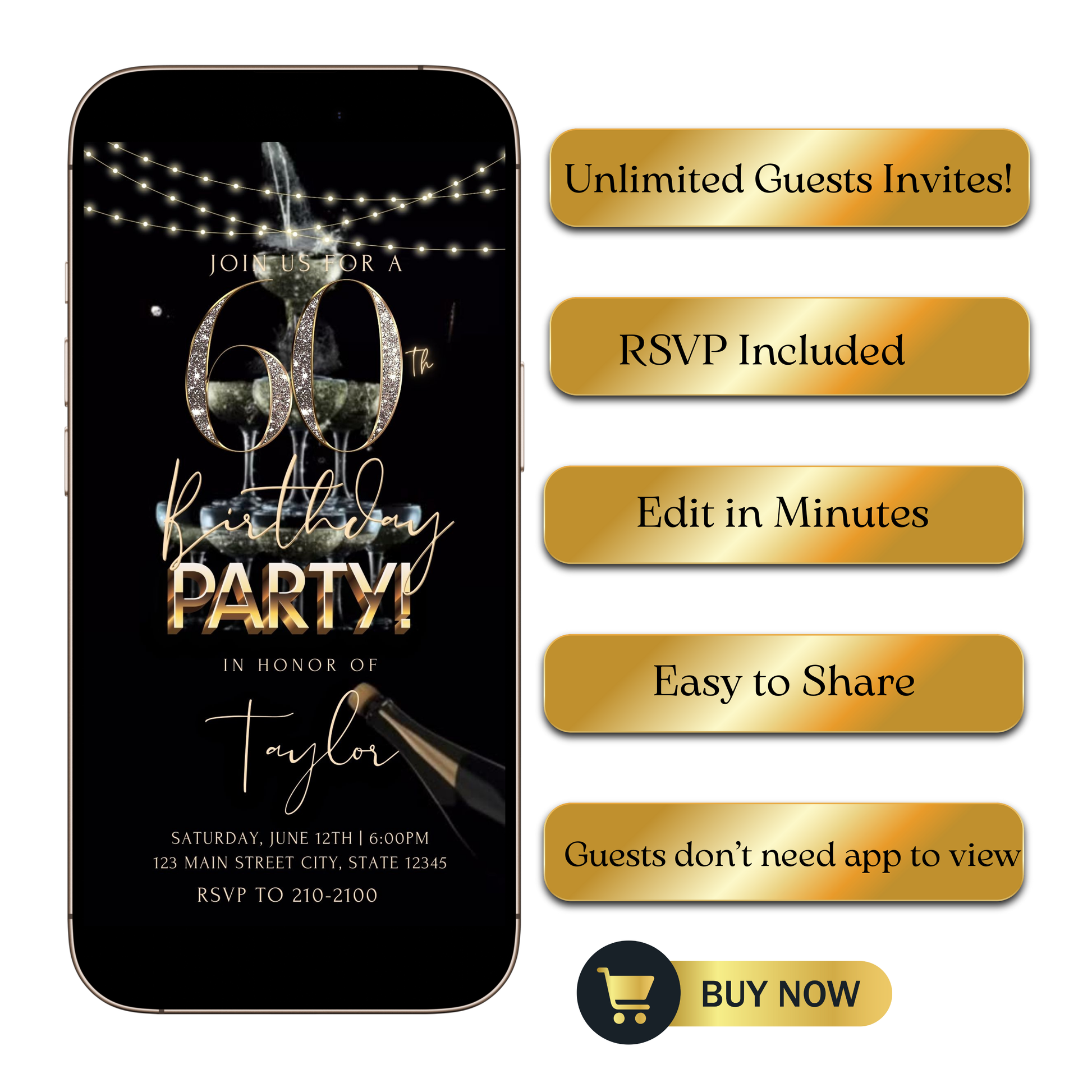 Editable black gold champagne 60th birthday video invitation displayed on a mobile phone, featuring an animated vertical digital invite with music, created in Canva. This premium video invitation template is designed for sharing by text, email, and social media and works with an interactive RSVP website for easy guest response tracking.