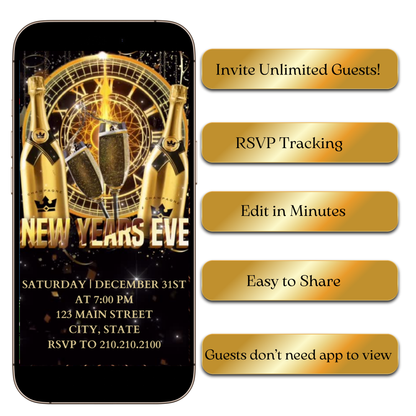 Event details over black background with gold foil accents