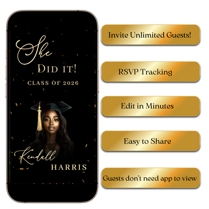 Digital 2026 Graduation Video Invitation – Black and Gold Animated Template with Music MP4 Invite