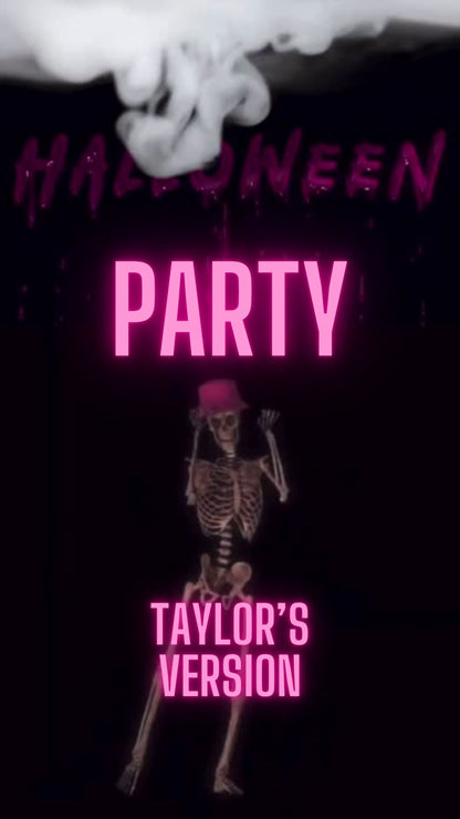 Editable halloween era party party video invitation displayed on a mobile phone, featuring an animated vertical digital invite with music, created in Canva. This premium video invitation template is designed for sharing by text, email, and social media and works with an interactive RSVP website for easy guest response tracking.