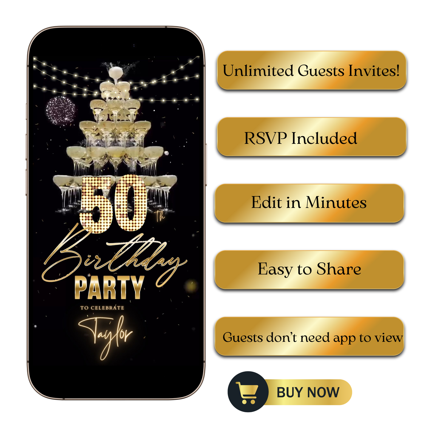 Editable champagne tower gold 50th birthday video invitation displayed on a mobile phone, featuring an animated vertical digital invite with music, created in Canva. This premium video invitation template is designed for sharing by text, email, and social media and works with an interactive RSVP website for easy guest response tracking.