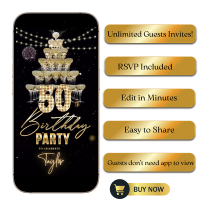 Editable champagne tower gold 50th birthday video invitation displayed on a mobile phone, featuring an animated vertical digital invite with music, created in Canva. This premium video invitation template is designed for sharing by text, email, and social media and works with an interactive RSVP website for easy guest response tracking.