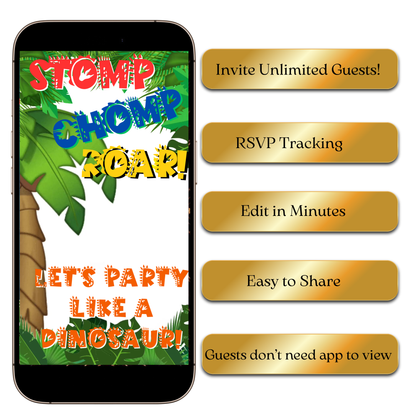 Digital dinosaur invite with volcano and prehistoric animals