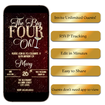 Digital Elegant The Big Four-Oh 40th Birthday Video Invitation — Gold Glam Celebration MP4 Invite