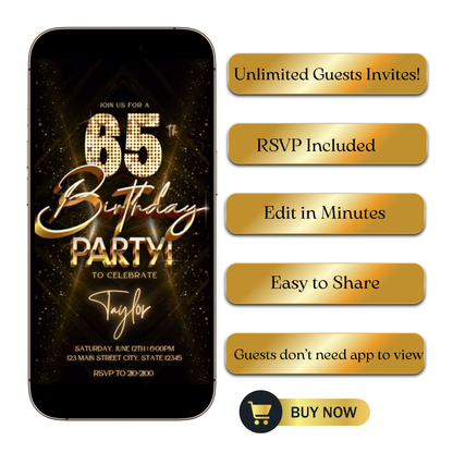 Editable gold glitter 65th birthday video invitation displayed on a mobile phone, featuring an animated vertical digital invite with music, created in Canva. This premium video invitation template is designed for sharing by text, email, and social media and works with an interactive RSVP website for easy guest response tracking.