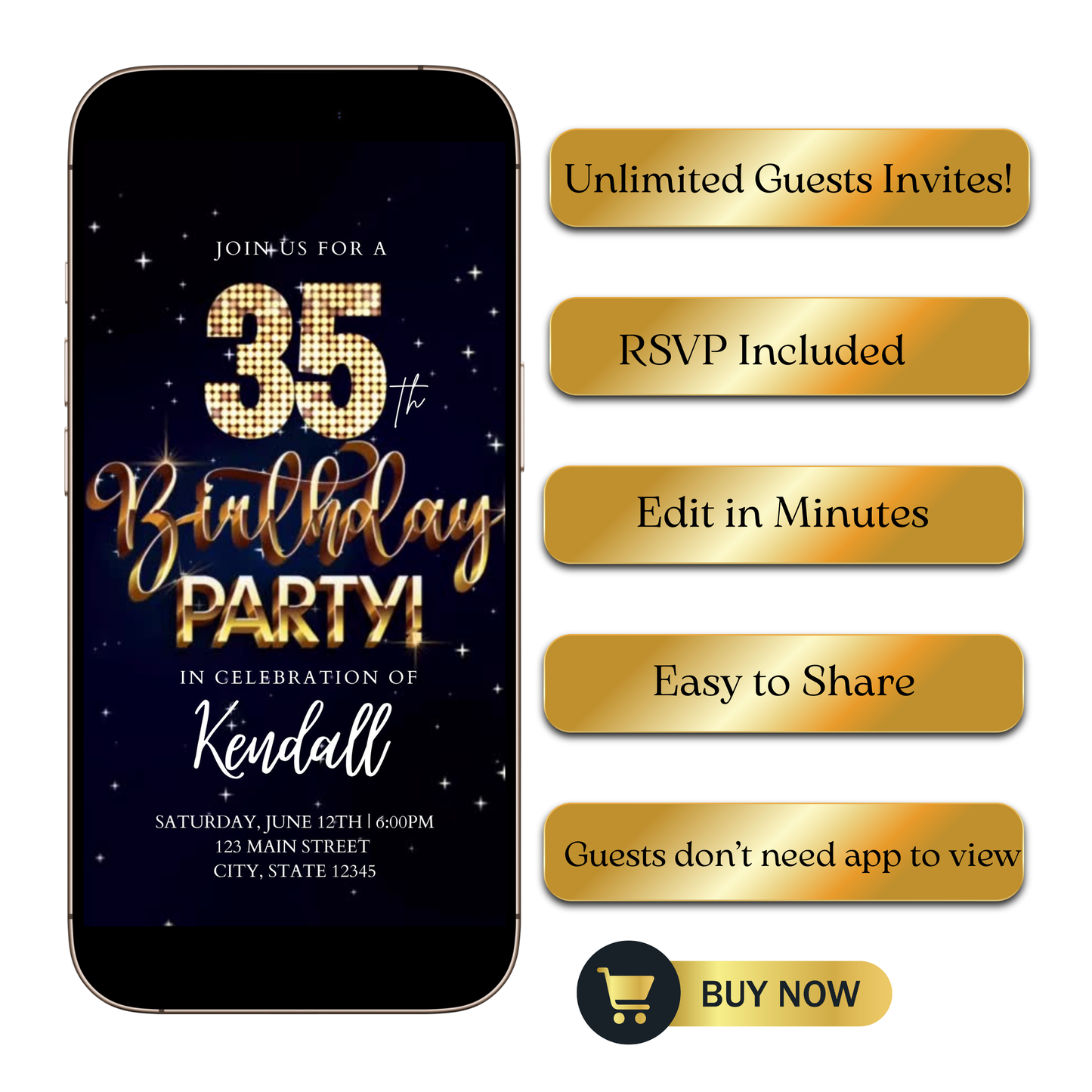 Editable blue gold starry 35th birthday video invitation displayed on a mobile phone, featuring an animated vertical digital invite with music, created in Canva. This premium video invitation template is designed for sharing by text, email, and social media and works with an interactive RSVP website for easy guest response tracking.