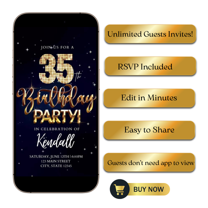 Editable blue gold starry 35th birthday video invitation displayed on a mobile phone, featuring an animated vertical digital invite with music, created in Canva. This premium video invitation template is designed for sharing by text, email, and social media and works with an interactive RSVP website for easy guest response tracking.