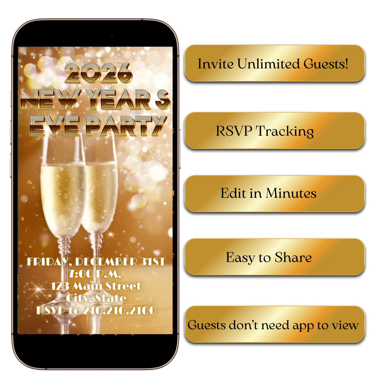 Editable golden champagne NYE video invite online