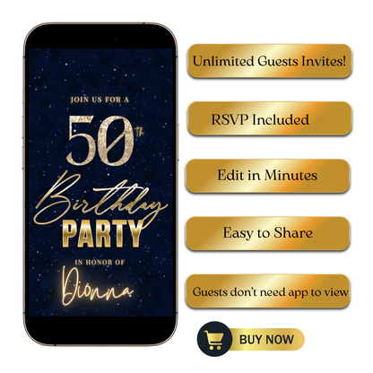 Editable blue shimmer 50th birthday video invitation displayed on a mobile phone, featuring an animated vertical digital invite with music, created in Canva. This premium video invitation template is designed for sharing by text, email, and social media and works with an interactive RSVP website for easy guest response tracking.