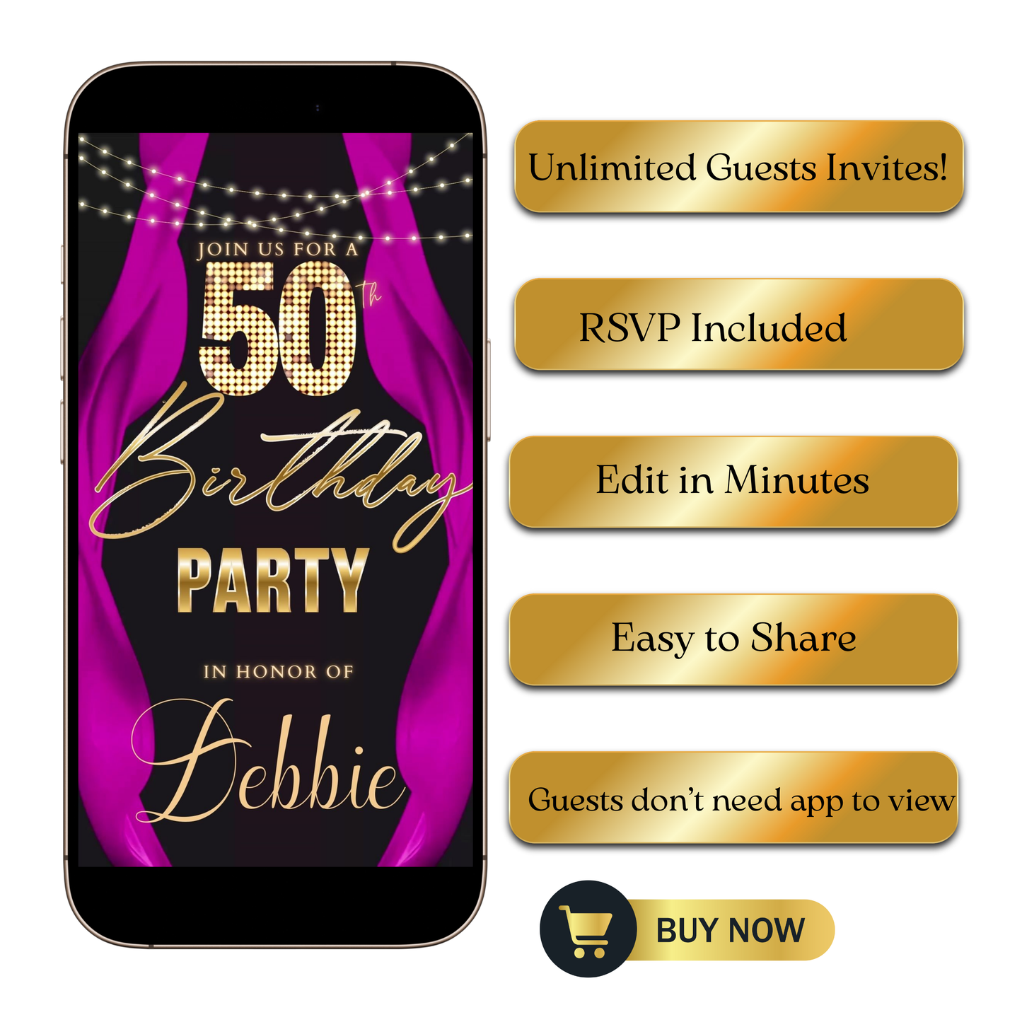 Editable pink curtain 50th birthday video invitation displayed on a mobile phone, featuring an animated vertical digital invite with music, created in Canva. This premium video invitation template is designed for sharing by text, email, and social media and works with an interactive RSVP website for easy guest response tracking.