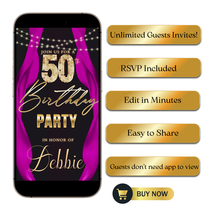 Editable pink curtain 50th birthday video invitation displayed on a mobile phone, featuring an animated vertical digital invite with music, created in Canva. This premium video invitation template is designed for sharing by text, email, and social media and works with an interactive RSVP website for easy guest response tracking.