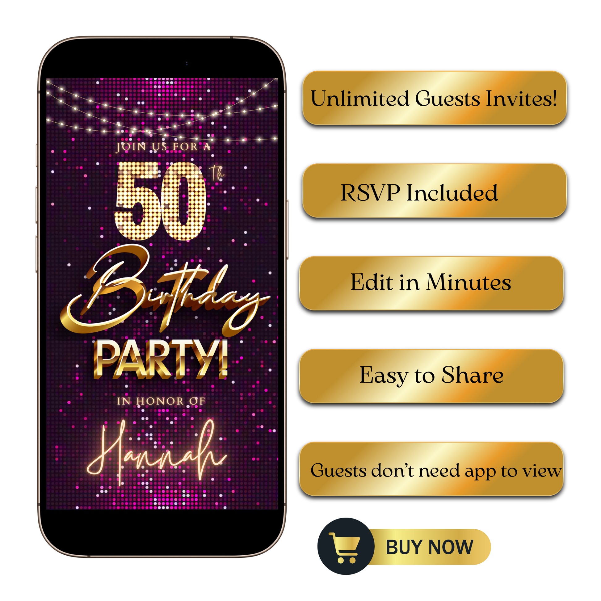 Editable purple pink glitter 50th birthday video invitation displayed on a mobile phone, featuring an animated vertical digital invite with music, created in Canva. This premium video invitation template is designed for sharing by text, email, and social media and works with an interactive RSVP website for easy guest response tracking.