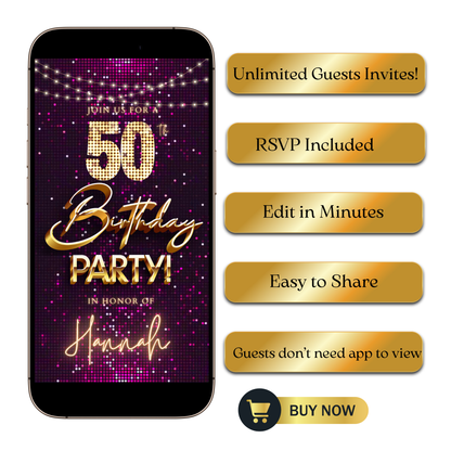Editable purple pink glitter 50th birthday video invitation displayed on a mobile phone, featuring an animated vertical digital invite with music, created in Canva. This premium video invitation template is designed for sharing by text, email, and social media and works with an interactive RSVP website for easy guest response tracking.