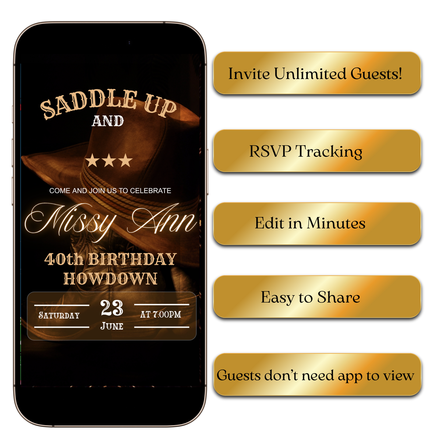 Brown hat saddle up ranch animated invite template