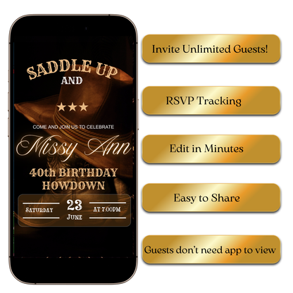 Brown hat saddle up ranch animated invite template