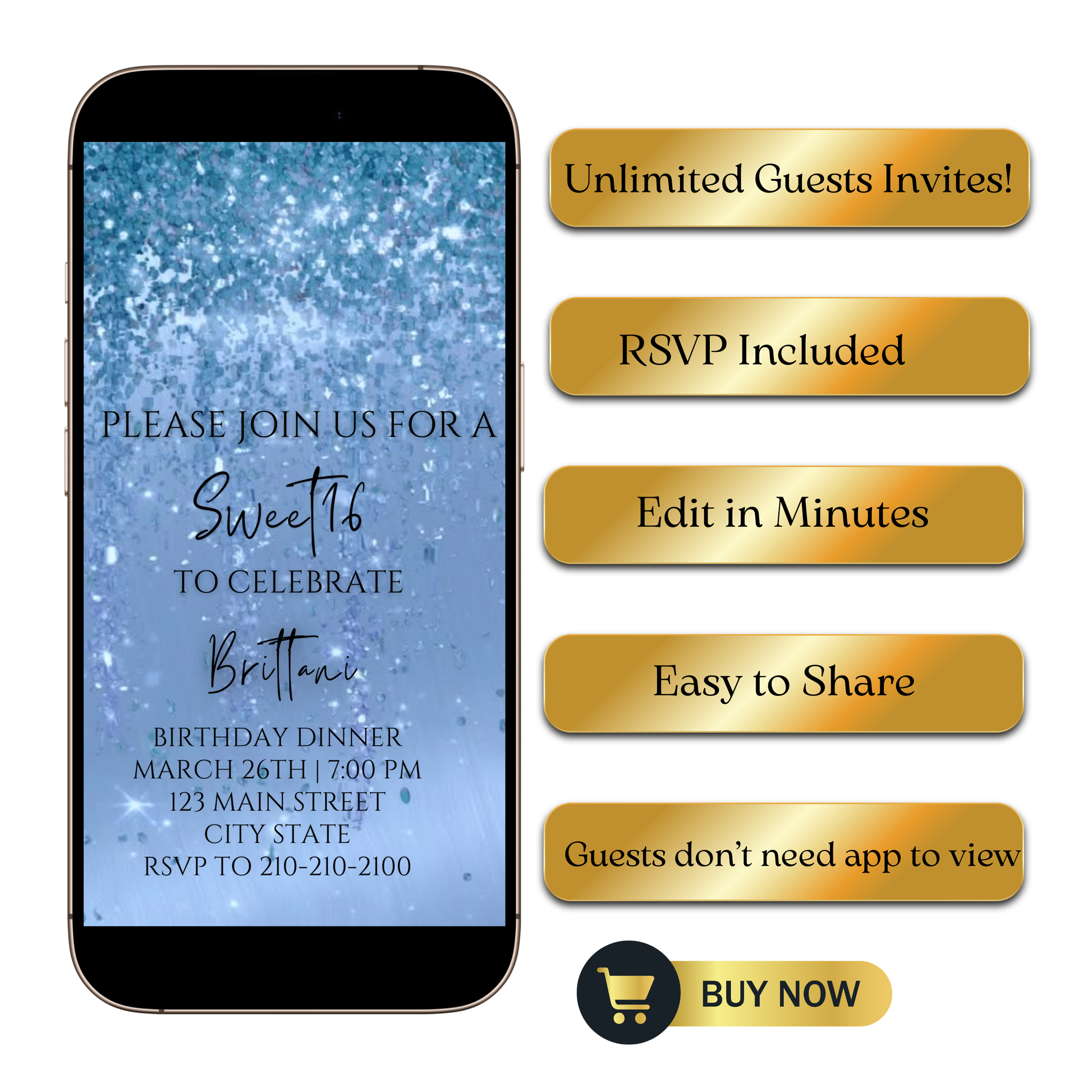 Editable aqua blue watercolor glitter sweet 16 birthday dinner video invitation displayed on a mobile phone, featuring an animated vertical digital invite with music, created in Canva. This premium video invitation template is designed for sharing by text, email, and social media and works with an interactive RSVP website for easy guest response tracking.