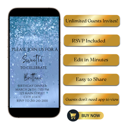 Editable aqua blue watercolor glitter sweet 16 birthday dinner video invitation displayed on a mobile phone, featuring an animated vertical digital invite with music, created in Canva. This premium video invitation template is designed for sharing by text, email, and social media and works with an interactive RSVP website for easy guest response tracking.