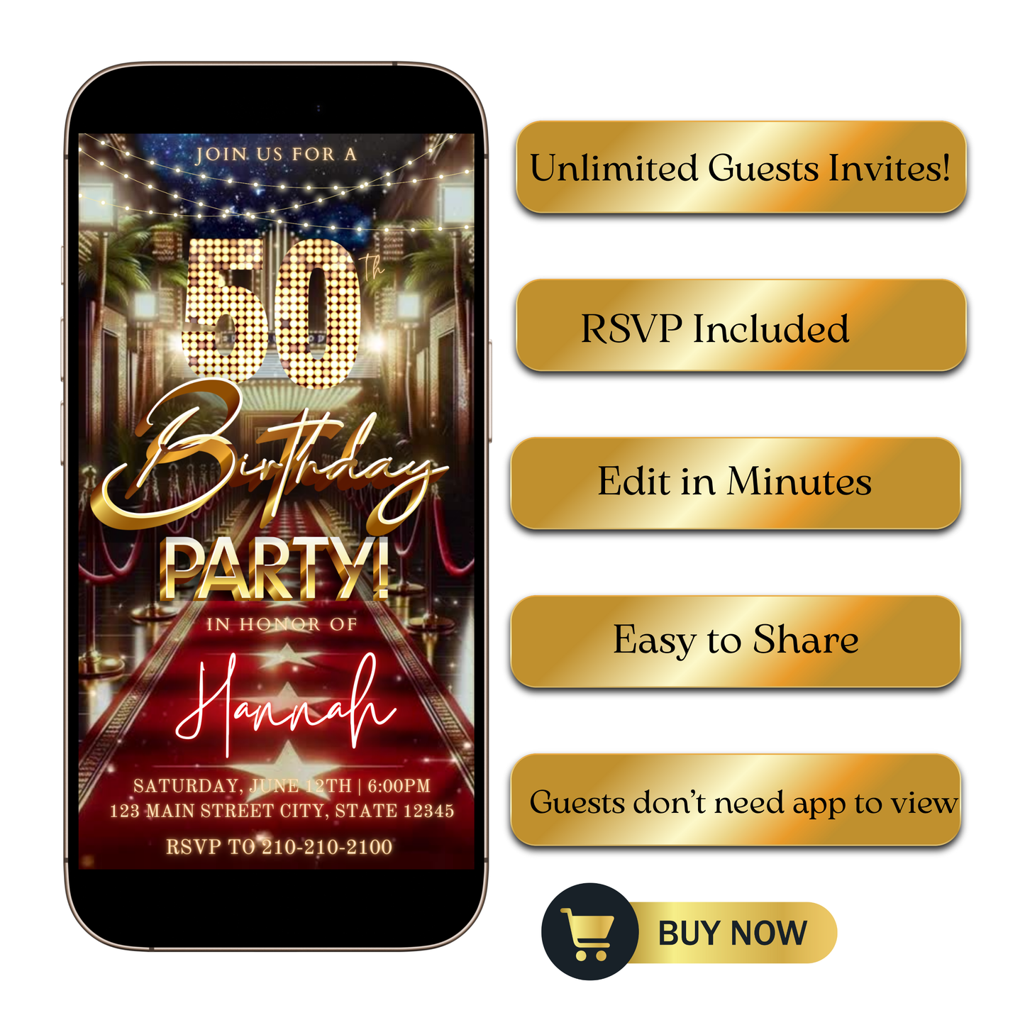 Editable hollywood red carpet 50th birthday video invitation displayed on a mobile phone, featuring an animated vertical digital invite with music, created in Canva. This premium video invitation template is designed for sharing by text, email, and social media and works with an interactive RSVP website for easy guest response tracking.