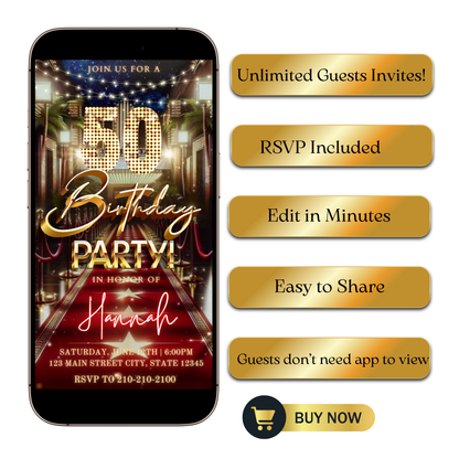 Editable hollywood red carpet 50th birthday video invitation displayed on a mobile phone, featuring an animated vertical digital invite with music, created in Canva. This premium video invitation template is designed for sharing by text, email, and social media and works with an interactive RSVP website for easy guest response tracking.