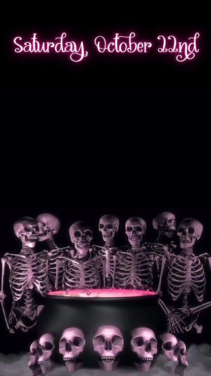 Editable pink spooky halloween party party video invitation displayed on a mobile phone, featuring an animated vertical digital invite with music, created in Canva. This premium video invitation template is designed for sharing by text, email, and social media and works with an interactive RSVP website for easy guest response tracking.