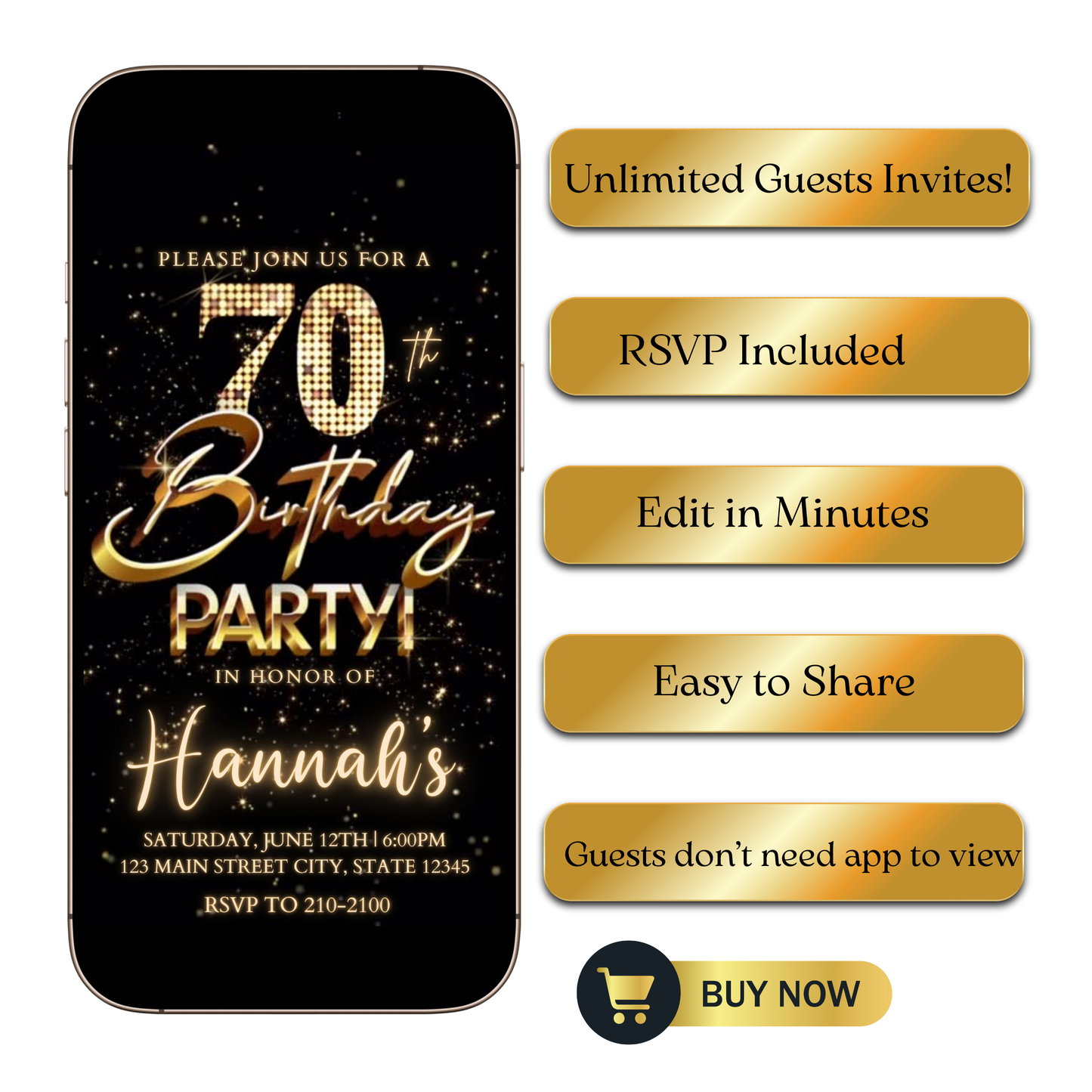 Editable gold fireworks 70th birthday video invitation displayed on a mobile phone, featuring an animated vertical digital invite with music, created in Canva. This premium video invitation template is designed for sharing by text, email, and social media and works with an interactive RSVP website for easy guest response tracking.