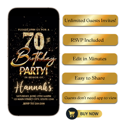 Editable gold fireworks 70th birthday video invitation displayed on a mobile phone, featuring an animated vertical digital invite with music, created in Canva. This premium video invitation template is designed for sharing by text, email, and social media and works with an interactive RSVP website for easy guest response tracking.