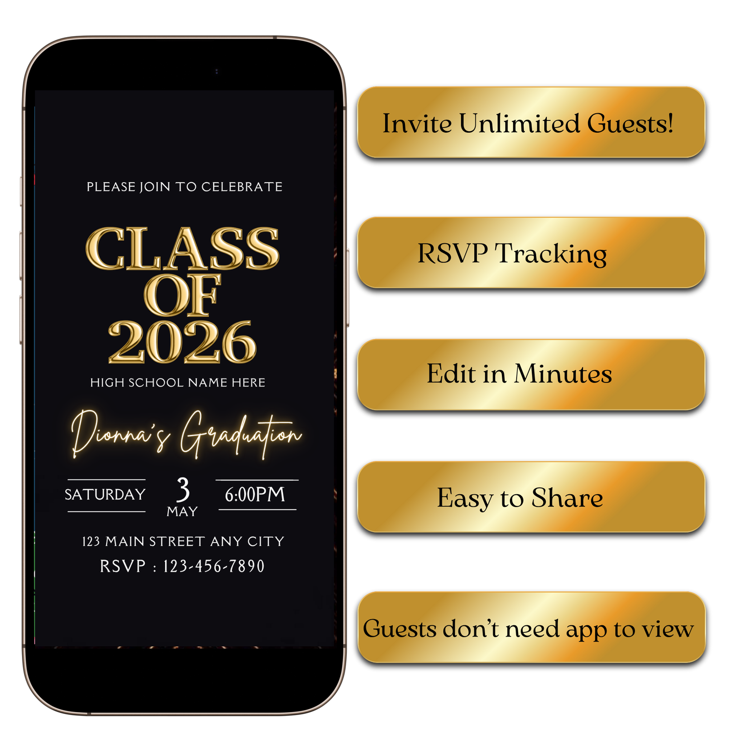 Gold graduate video invite for 2026 seniors