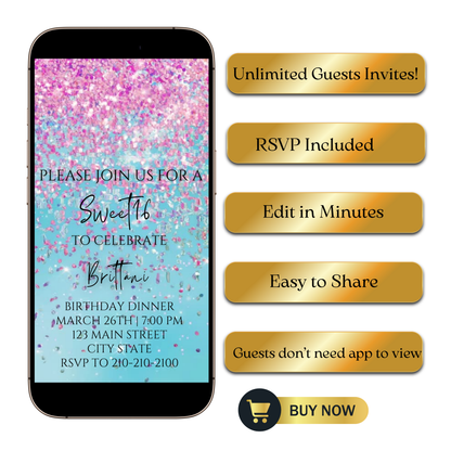 Editable pink and blue watercolor glitter sweet 16 birthday dinner video invitation displayed on a mobile phone, featuring an animated vertical digital invite with music, created in Canva. This premium video invitation template is designed for sharing by text, email, and social media and works with an interactive RSVP website for easy guest response tracking.