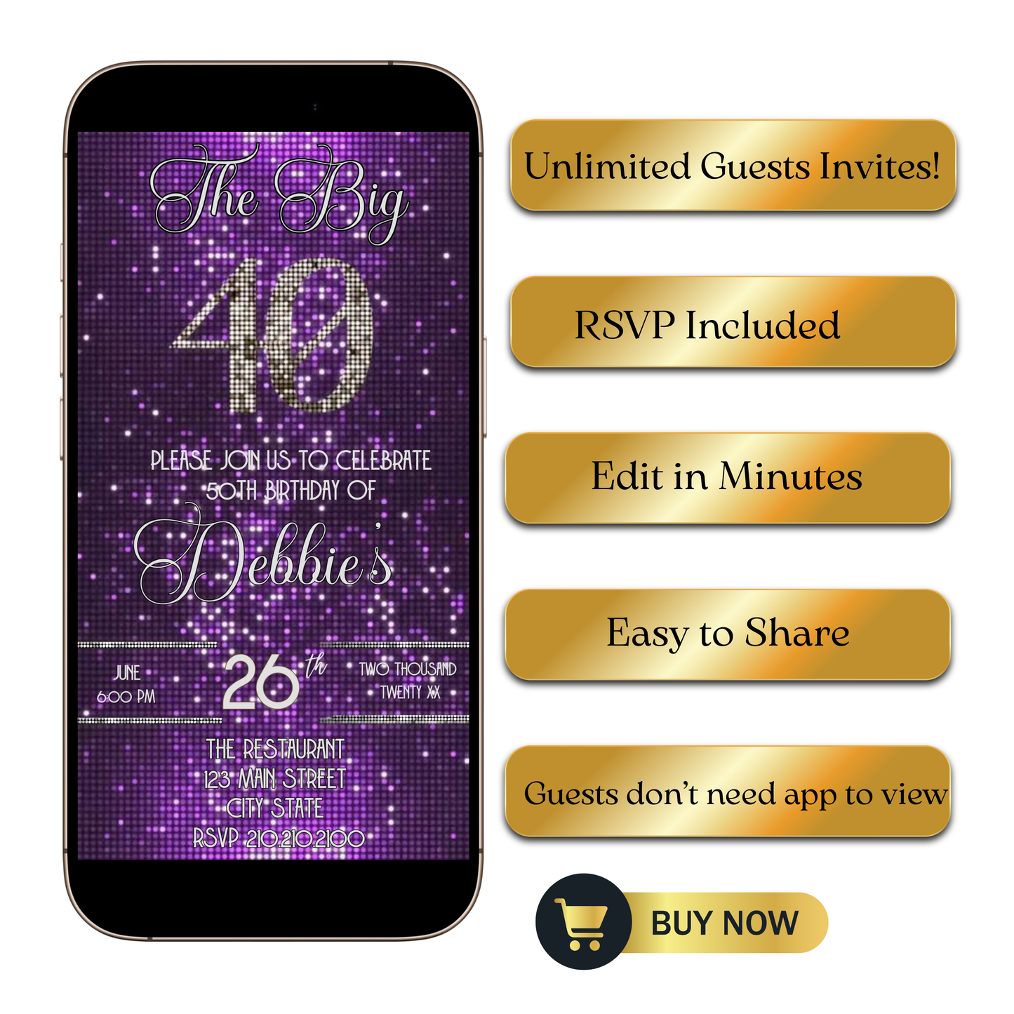 Editable purple glitter 40th birthday video invitation displayed on a mobile phone, featuring an animated vertical digital invite with music, created in Canva. This premium video invitation template is designed for sharing by text, email, and social media and works with an interactive RSVP website for easy guest response tracking.
