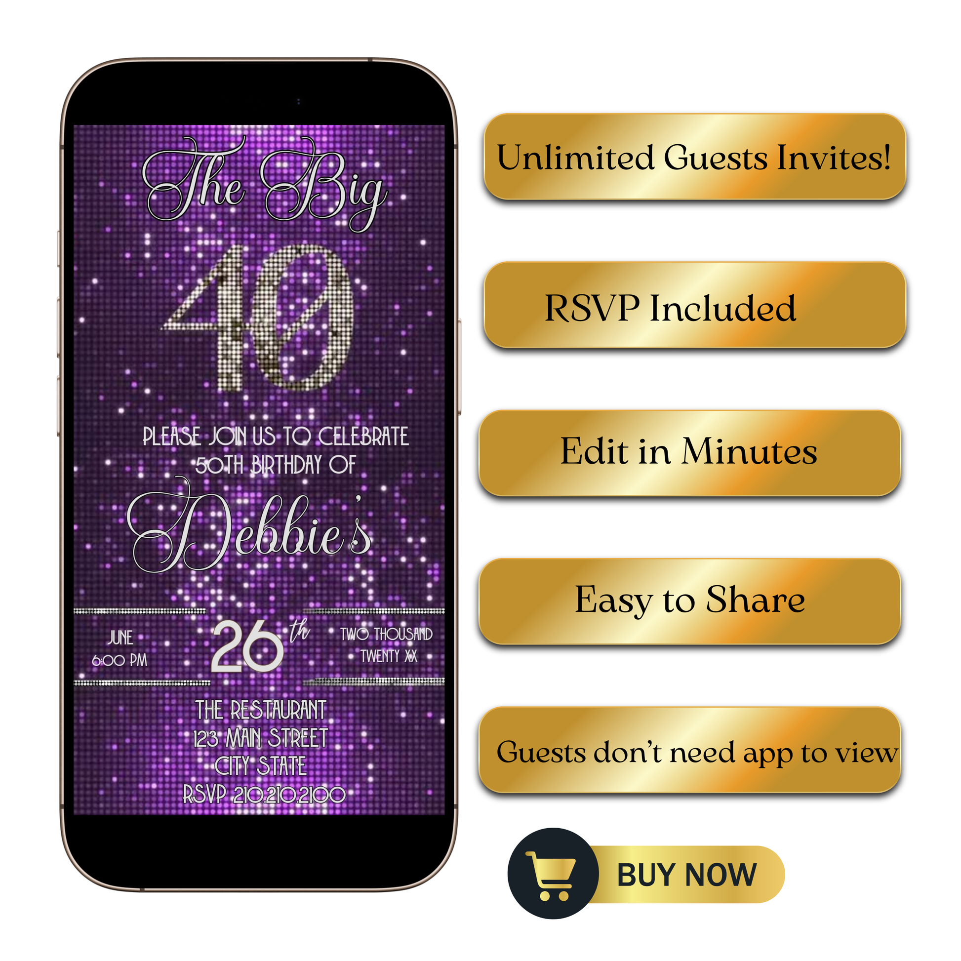 Editable purple glitter 40th birthday video invitation displayed on a mobile phone, featuring an animated vertical digital invite with music, created in Canva. This premium video invitation template is designed for sharing by text, email, and social media and works with an interactive RSVP website for easy guest response tracking.