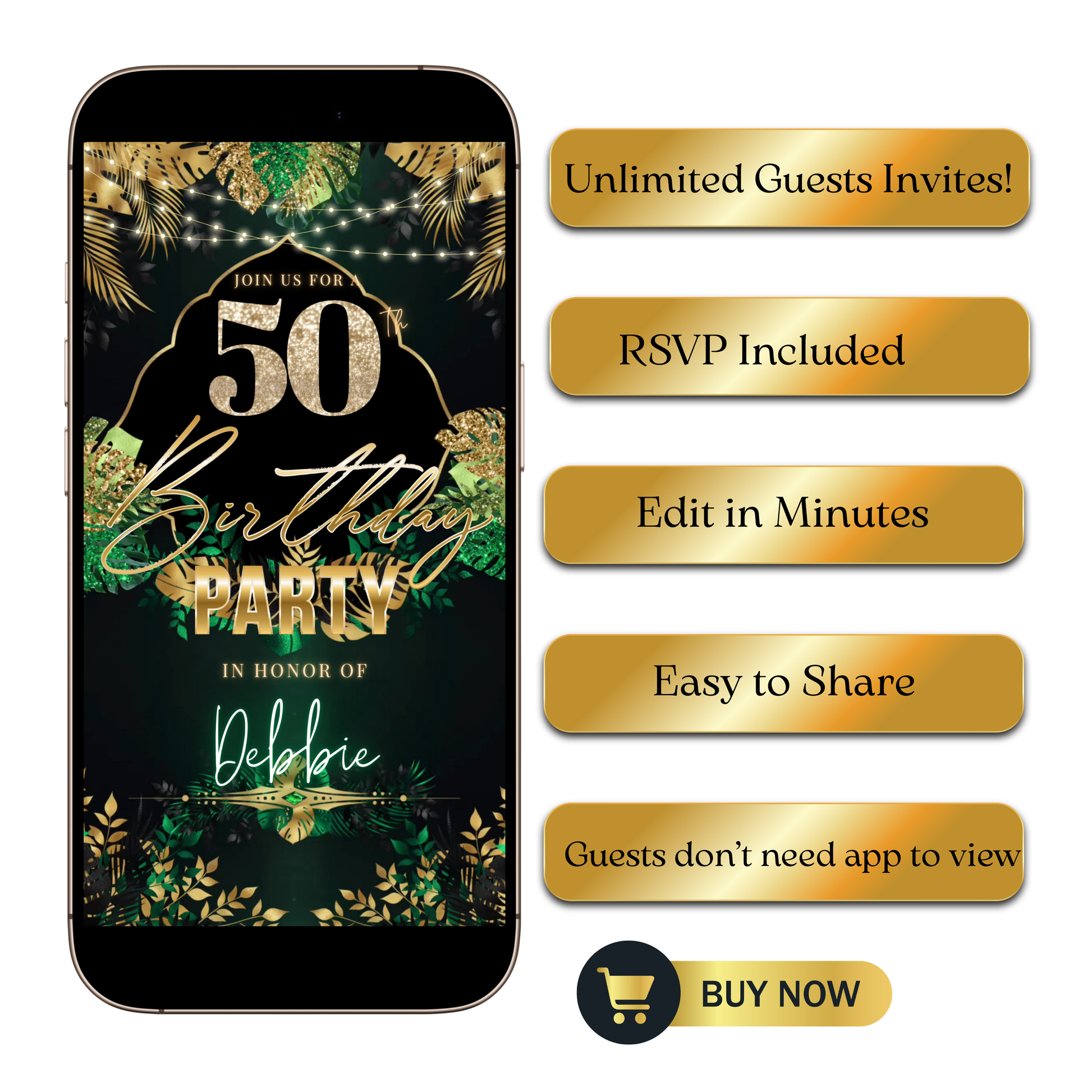 Editable tropical green gold 50th birthday video invitation displayed on a mobile phone, featuring an animated vertical digital invite with music, created in Canva. This premium video invitation template is designed for sharing by text, email, and social media and works with an interactive RSVP website for easy guest response tracking.