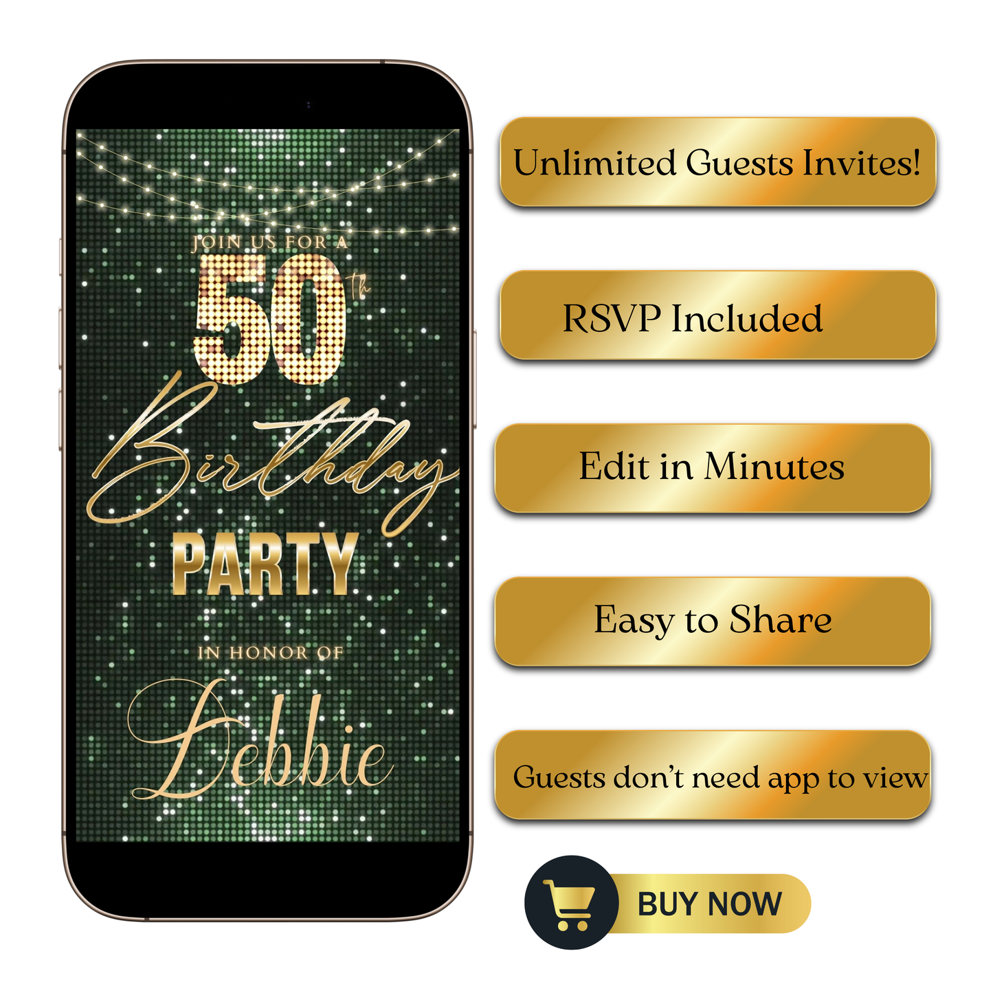 Editable sage green gold glitter 50th birthday video invitation displayed on a mobile phone, featuring an animated vertical digital invite with music, created in Canva. This premium video invitation template is designed for sharing by text, email, and social media and works with an interactive RSVP website for easy guest response tracking.