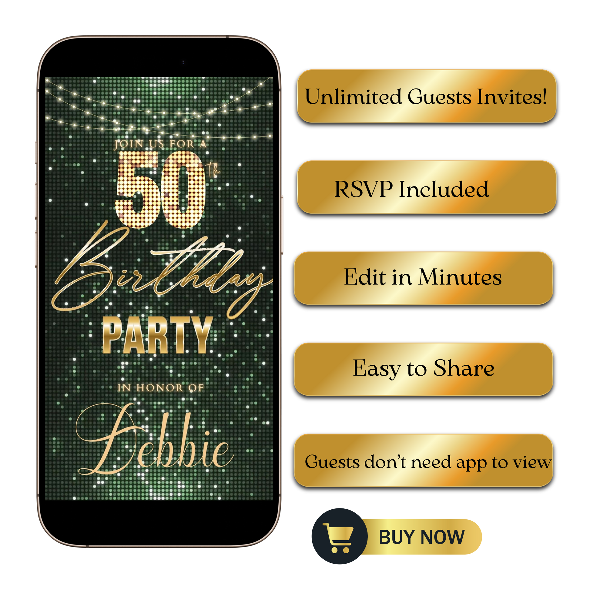 Editable sage green gold glitter 50th birthday video invitation displayed on a mobile phone, featuring an animated vertical digital invite with music, created in Canva. This premium video invitation template is designed for sharing by text, email, and social media and works with an interactive RSVP website for easy guest response tracking.